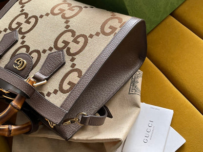 BOLSO TOTE MINI GG DIANA 27 DE LONA BEIGE Y PIEL DE BECERRO MARRÓN