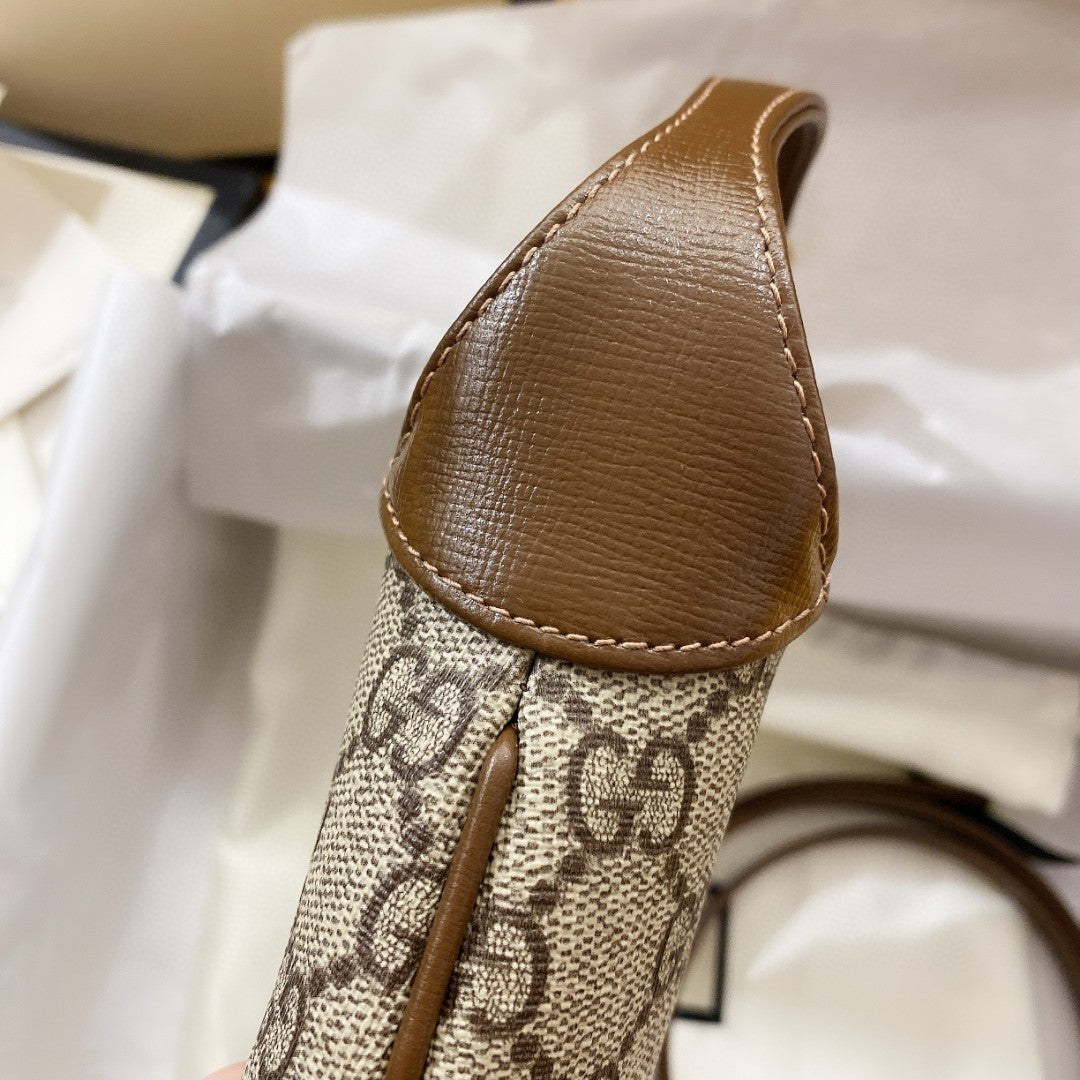 BOLSO DE HOMBRO JACKIE 1961 PEQUEÑO 28 EN LONA BEIGE Y PIEL DE BECERRO MARRÓN