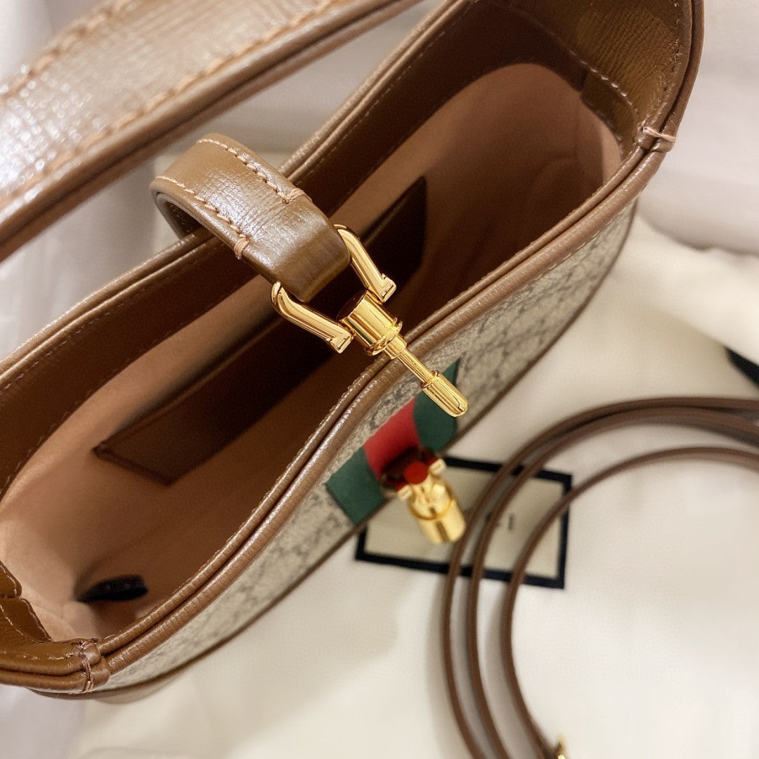 BOLSO DE HOMBRO JACKIE 1961 PEQUEÑO 28 EN LONA BEIGE Y PIEL DE BECERRO MARRÓN
