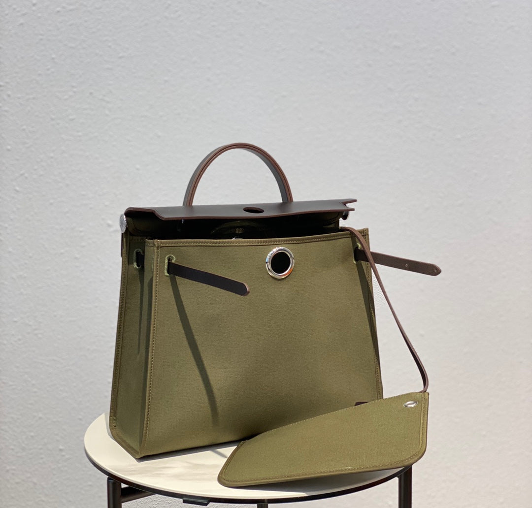 Herbag 31 Toile Olive Canvas Piel de vacuno negra