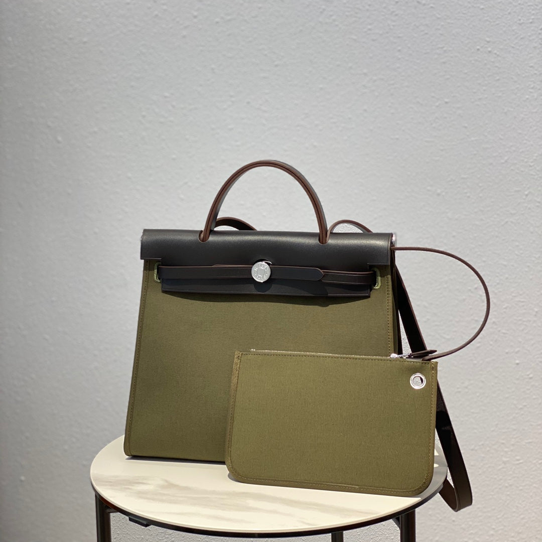 Herbag 31 Toile Olive Canvas Piel de vacuno negra