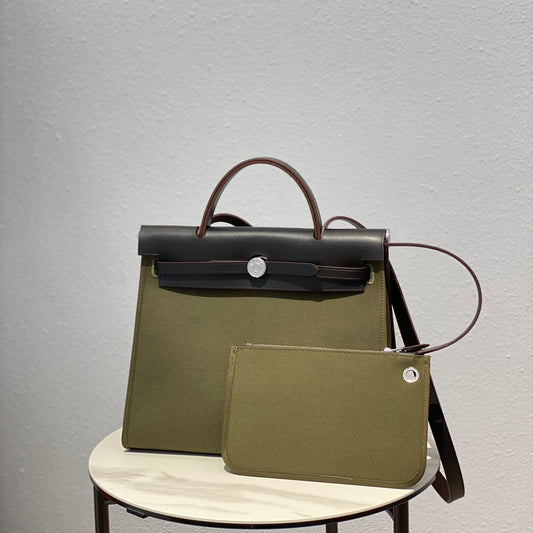 Herbag 31 Toile Olive Canvas Piel de vacuno negra