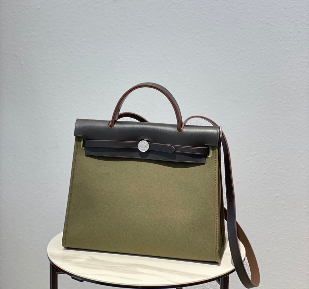 Herbag 31 Toile Olive Canvas Piel de vacuno negra