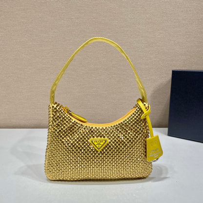 BOLSO HOBO BRILLANTE DE 23 CM EN NYLON AMARILLO CON CRISTALES ADICIONALES