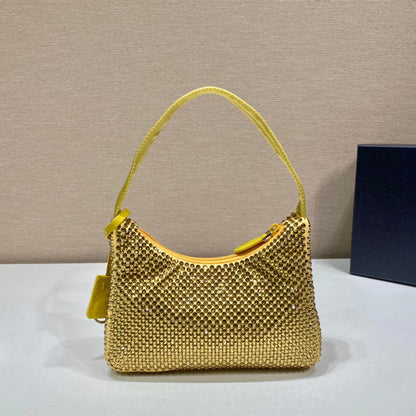 BOLSO HOBO BRILLANTE DE 23 CM EN NYLON AMARILLO CON CRISTALES ADICIONALES