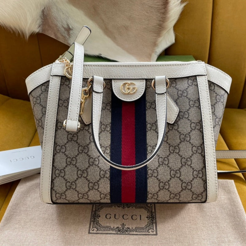 BOLSO TOTE GG OPHIDIA 24 DE LONA BEIGE Y PIEL DE BECERRO BLANCA