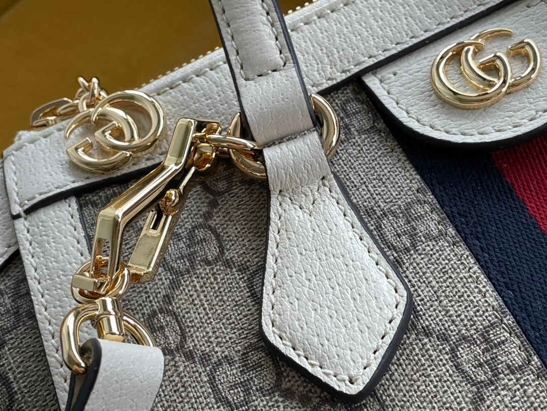 BOLSO TOTE GG OPHIDIA 24 DE LONA BEIGE Y PIEL DE BECERRO BLANCA
