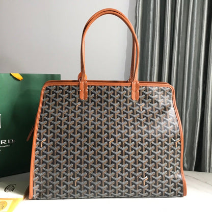 SAC HARDY PM 40 EN TOILE GOYARDINE NOIRE ET GARNITURE EN CUIR TAURILLON BRUN