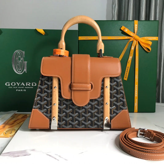 SA?GON PM BAG 28 IN BROWN GOYARDINE CANVAS AND CALFSKIN