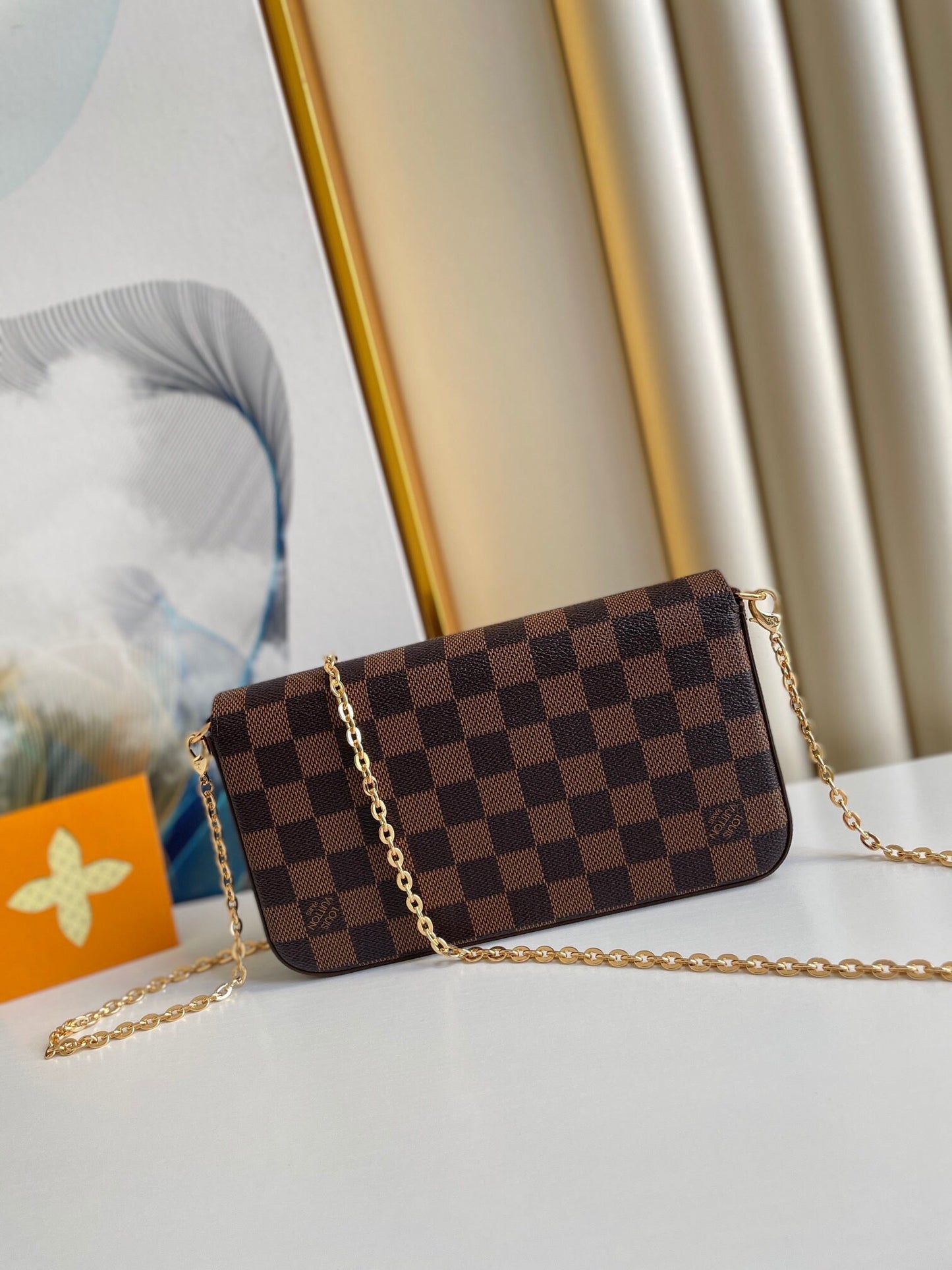 F¨¦LICIE POCHETTE 21 EN TOILE ENDUIT DAMIER EBENE MARRON QUINCAILLERIE OR