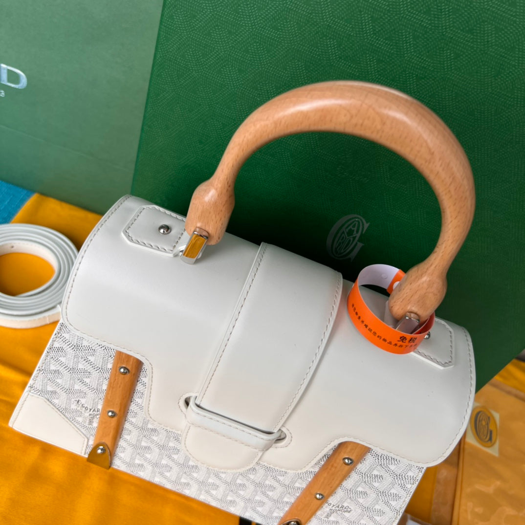 SAC SA?GON PM 28 EN TOILE GOYARDINE BLANCHE ET CUIR DE VEAU
