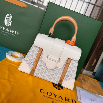 SAC SA?GON PM 28 EN TOILE GOYARDINE BLANCHE ET CUIR DE VEAU