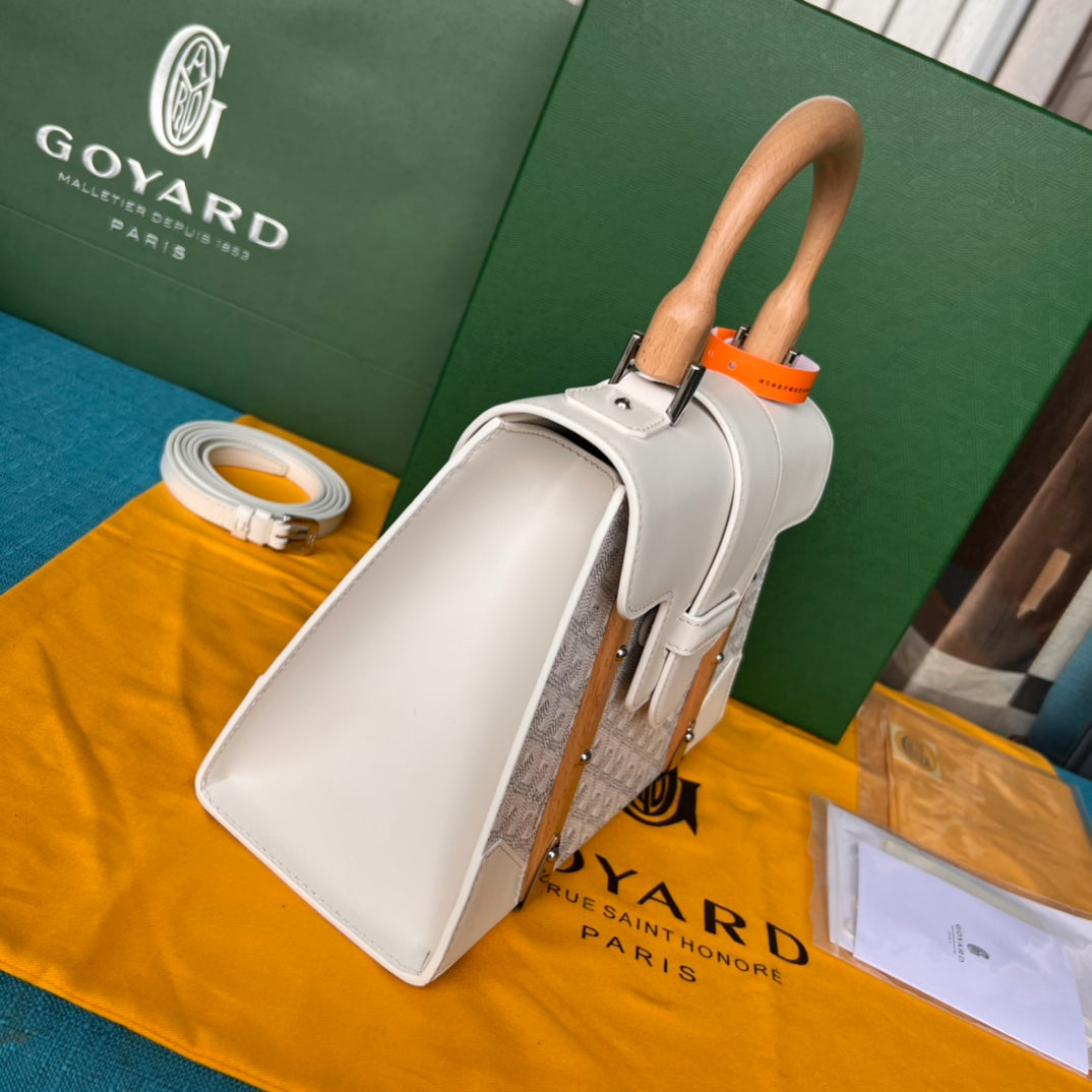 SAC SA?GON PM 28 EN TOILE GOYARDINE BLANCHE ET CUIR DE VEAU