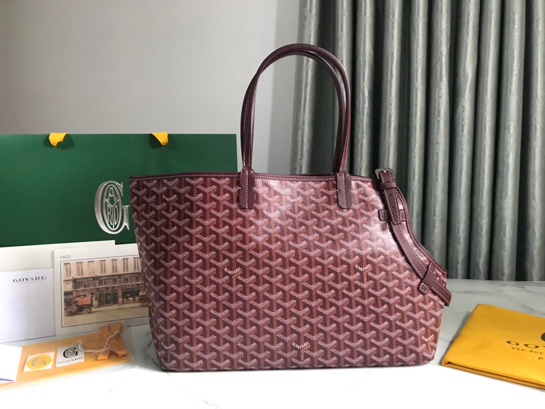 SAC CHIEN GRIS 33 EN TOILE GOYARDINE ROUGE VIN ET GARNITURES EN CUIR DE VEAU