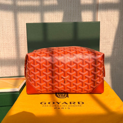 TROUSSE DE TOILETTE BOWLING 25 EN TOILE GOYARDINE ROUGE ORANGE ET CUIR DE VEAU