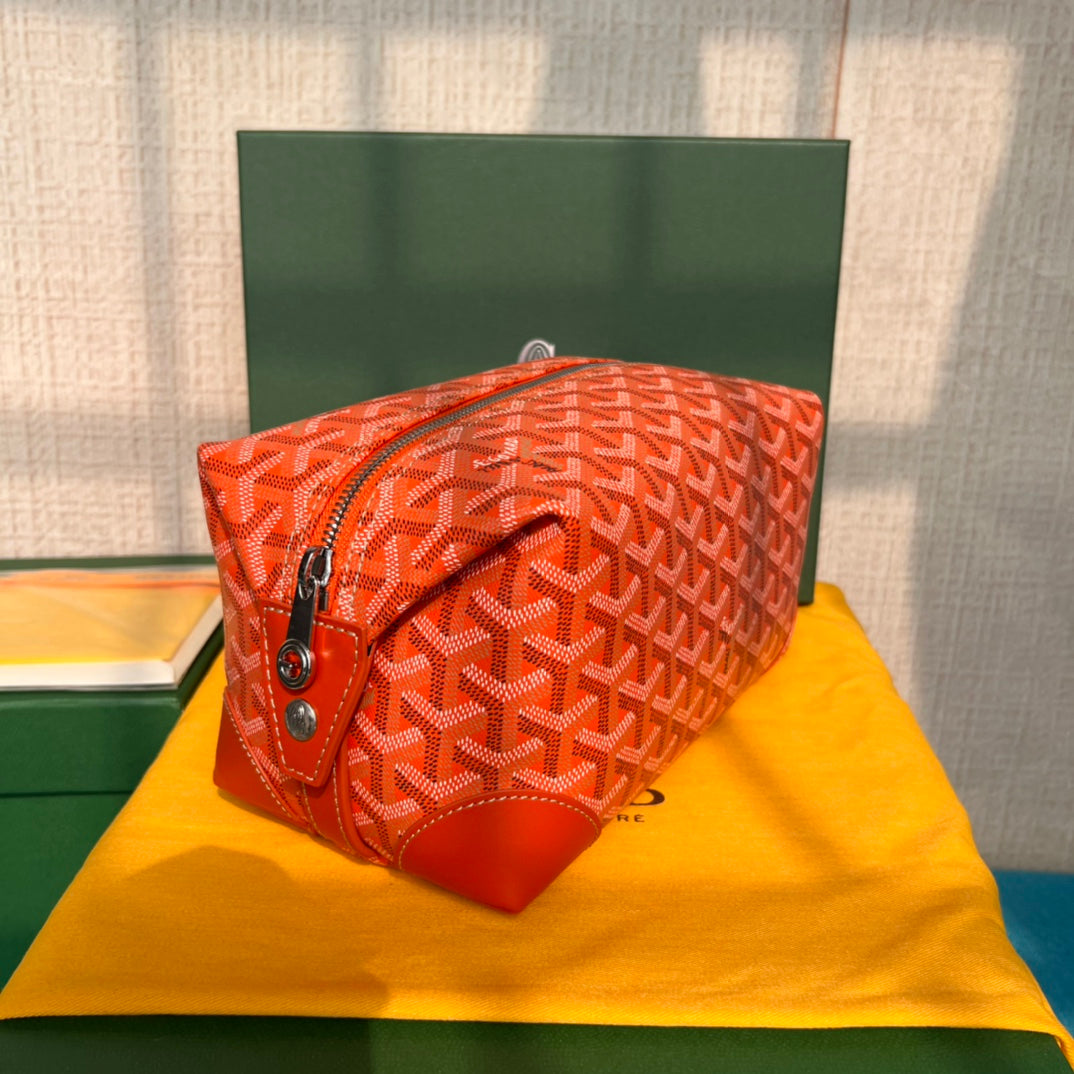 TROUSSE DE TOILETTE BOWLING 25 EN TOILE GOYARDINE ROUGE ORANGE ET CUIR DE VEAU
