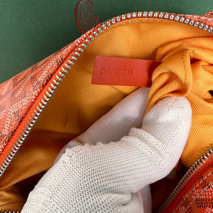 TROUSSE DE TOILETTE BOWLING 25 EN TOILE GOYARDINE ROUGE ORANGE ET CUIR DE VEAU