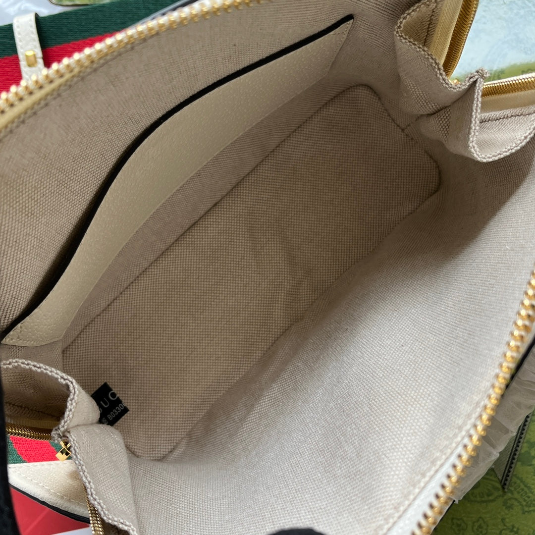 BOLSO TOTE GGxADIDAS HORSEBIT 1955 20 CON CORREA DE TEJIDO EN PIEL DE BECERRO BLANCA Y NEGRA CON HERRAJES DORADOS