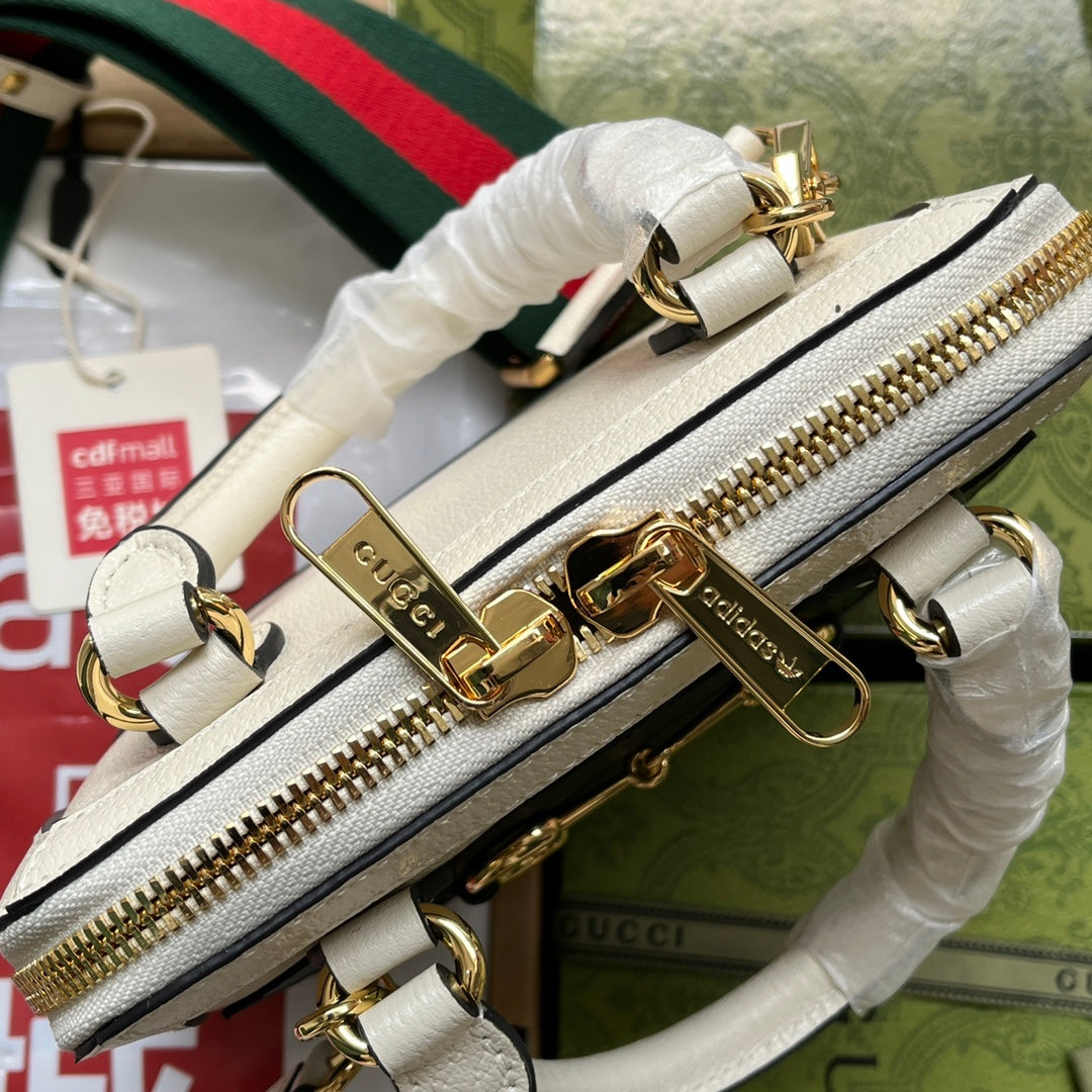 BOLSO TOTE GGxADIDAS HORSEBIT 1955 20 CON CORREA DE TEJIDO EN PIEL DE BECERRO BLANCA Y NEGRA CON HERRAJES DORADOS