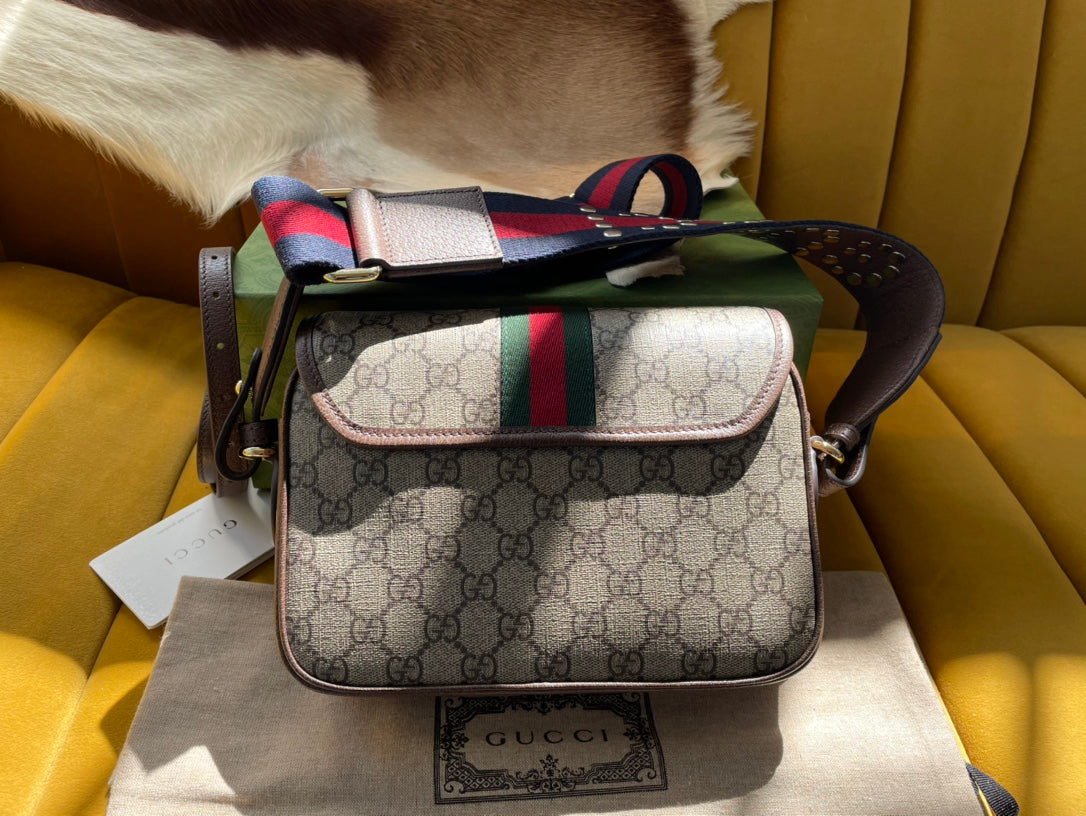 BOLSO GG OPHIDIA PEQUEÑO 23 EN LONA SUPREMA BEIGE Y ÉBANO
