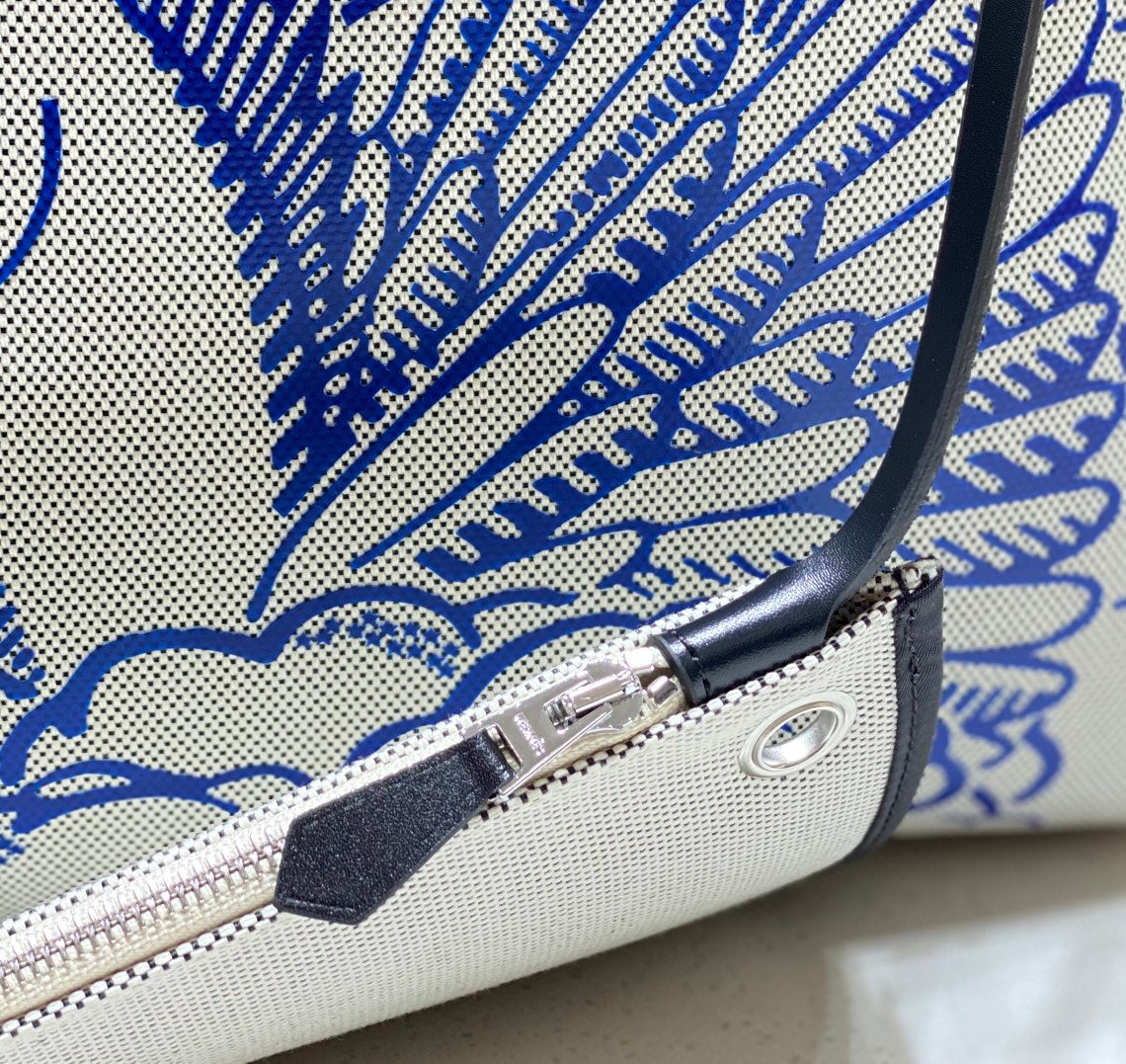 HM Pegase Pop Herbag Zip 31 Lona Azul Blanca Piel de Vaca Negra