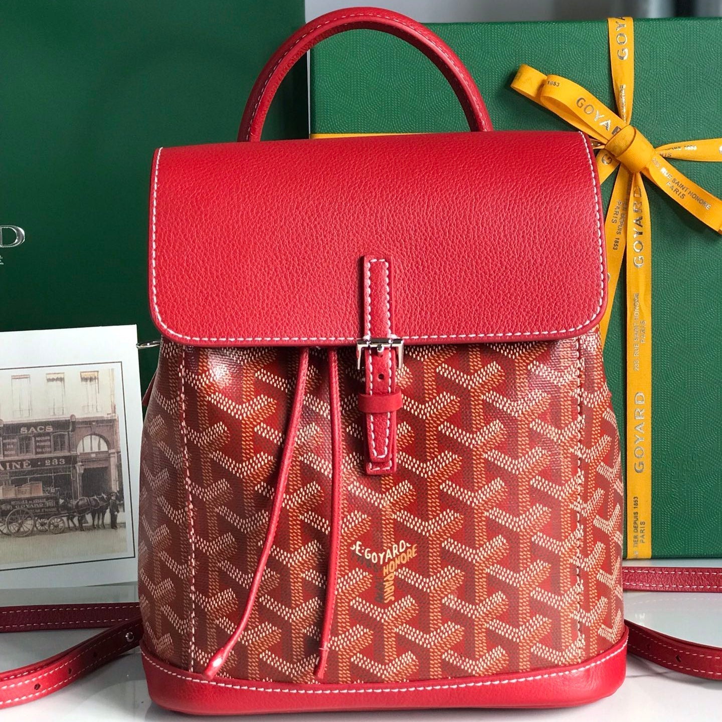 MOCHILA ALPIN MINI 21 EN PIEL DE CORDERO ROJA CLÁSICA Y LONA GOYARDINE