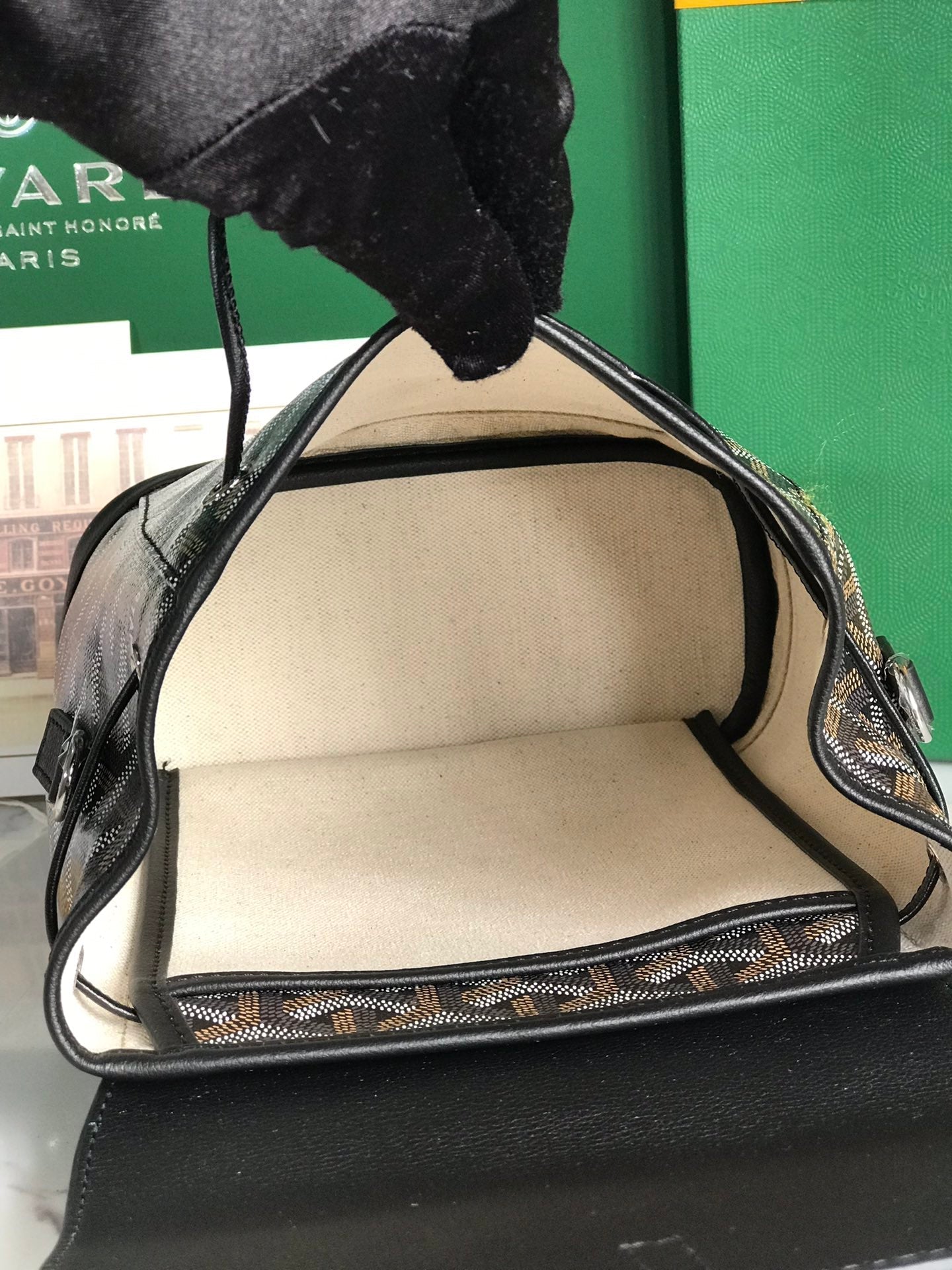 MOCHILA ALPIN MINI 21 EN PIEL DE CORDERO NEGRA Y LONA GOYARDINE