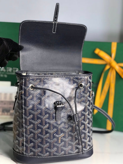 SAC À DOS ALPIN MINI 21 EN CUIR D'AGNEAU BLEU MARINE ET TOILE GOYARDINE