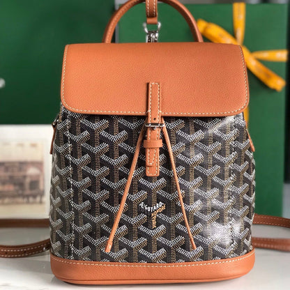 MOCHILA ALPIN MINI 21 EN PIEL DE CORDERO COLOR MARRÓN Y LONA GOYARDINE NEGRA