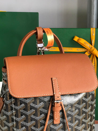 MOCHILA ALPIN MINI 21 EN PIEL DE CORDERO COLOR MARRÓN Y LONA GOYARDINE NEGRA