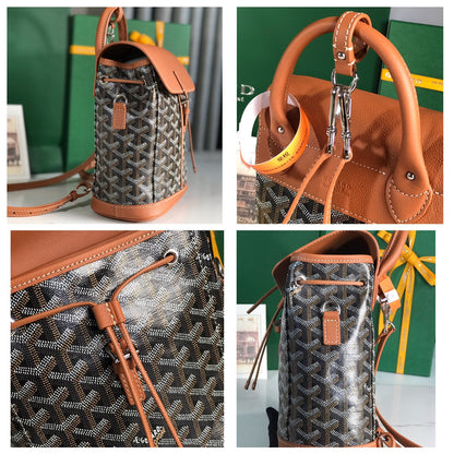 MOCHILA ALPIN MINI 21 EN PIEL DE CORDERO COLOR MARRÓN Y LONA GOYARDINE NEGRA
