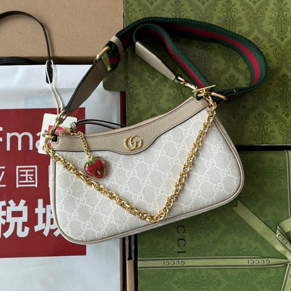 BOLSO DE HOMBRO PEQUEÑO OPHIDIA 25 EN LONA BLANCA Y PIEL DE CORDERO AVENA CON HERRAJES DORADOS