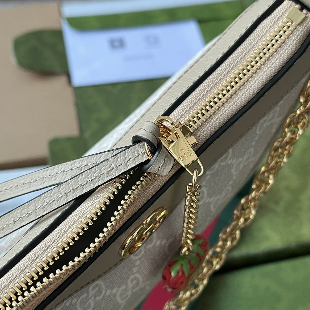 BOLSO DE HOMBRO PEQUEÑO OPHIDIA 25 EN LONA BLANCA Y PIEL DE CORDERO AVENA CON HERRAJES DORADOS