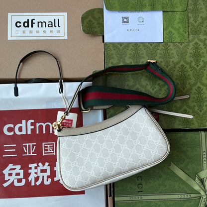 BOLSO DE HOMBRO PEQUEÑO OPHIDIA 25 EN LONA BLANCA Y PIEL DE CORDERO AVENA CON HERRAJES DORADOS
