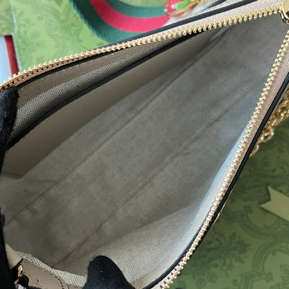 BOLSO DE HOMBRO PEQUEÑO OPHIDIA 25 EN LONA BLANCA Y PIEL DE CORDERO AVENA CON HERRAJES DORADOS
