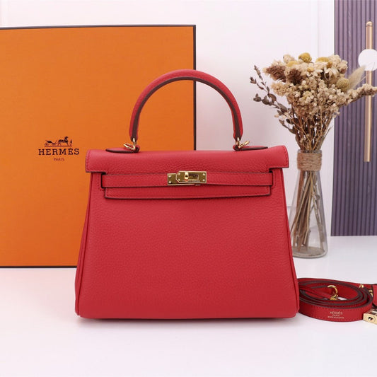 BOLSO HM KELLY 25 TOGO ROJO HARDWARE DORADO