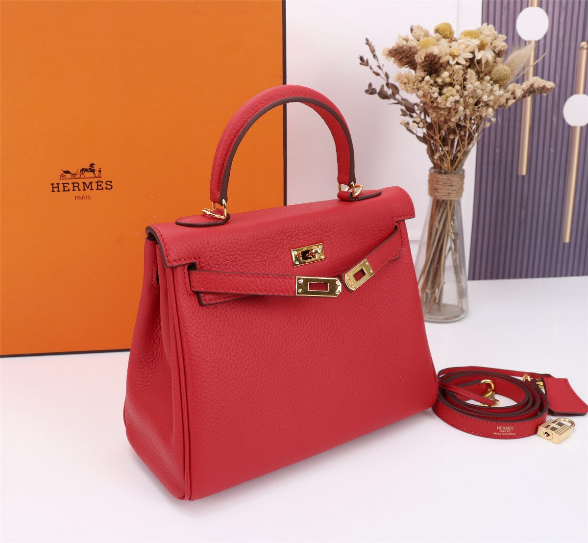 HM KELLY BAG 28 RED TOGO GOLD HARDWARE