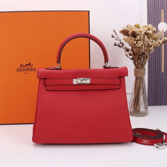 BOLSO HM KELLY 28 ROJO TOGO HERRAJES PLATEADOS