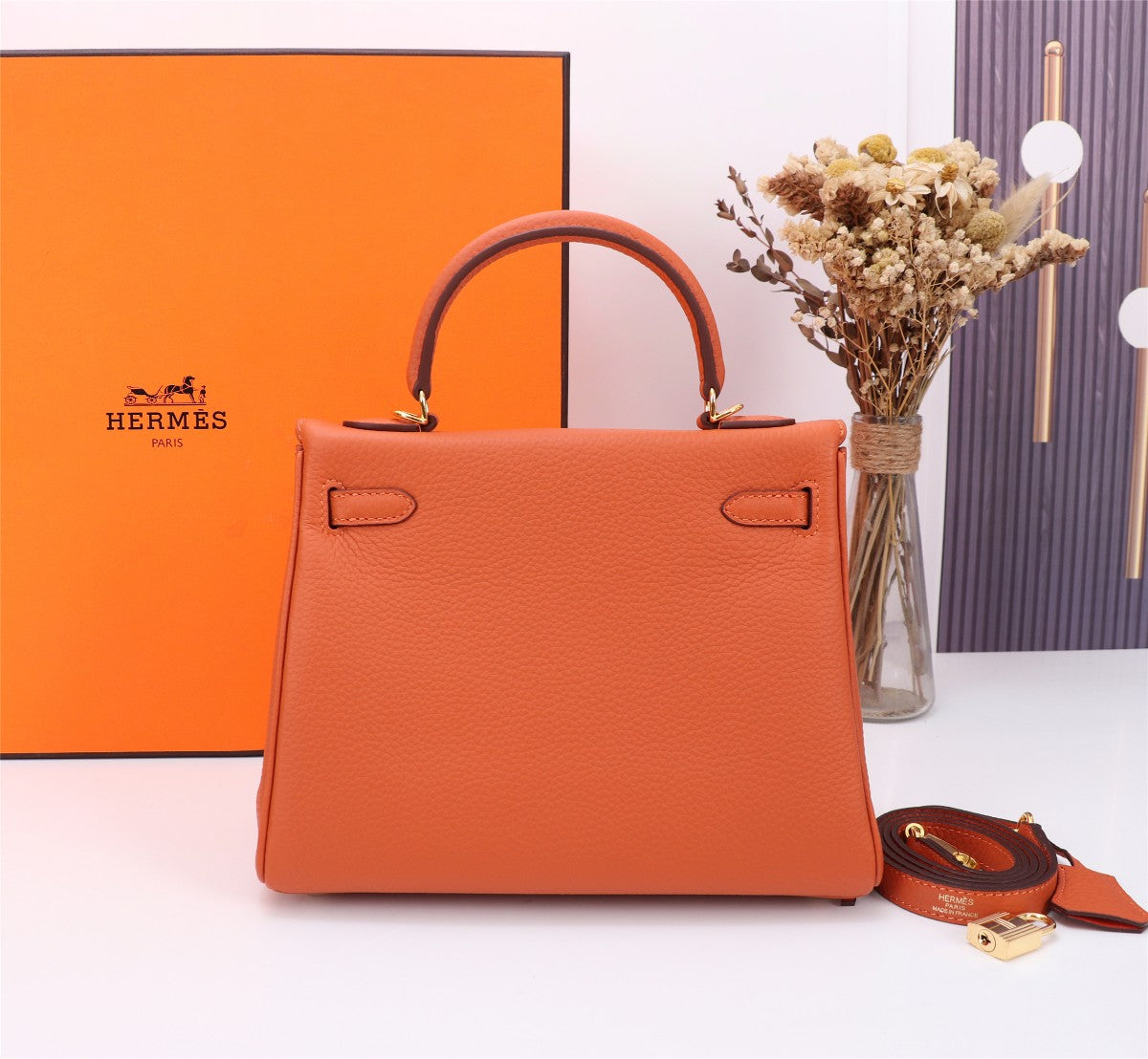 BOLSO HM KELLY 25 NARANJA TOGO HARDWARE DORADO