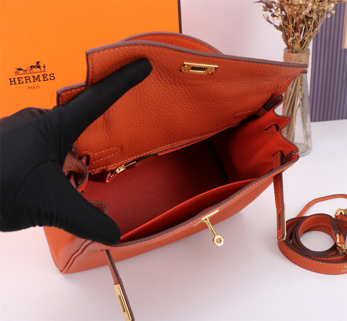 BOLSO HM KELLY 25 NARANJA TOGO HARDWARE DORADO