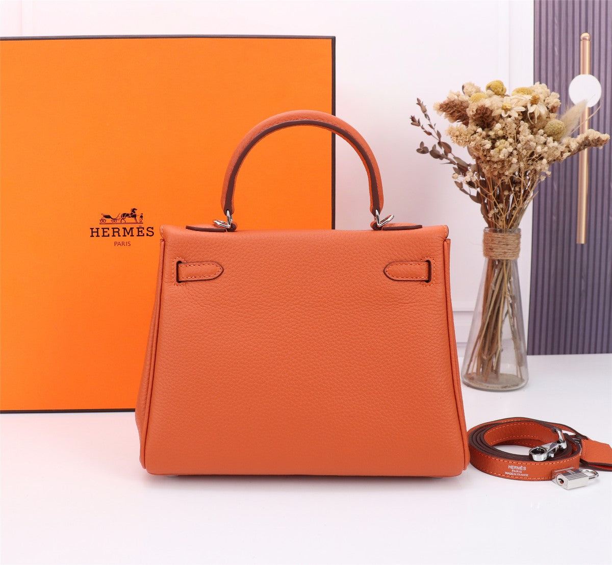 BOLSO HM KELLY 28 NARANJA TOGO HERRAJES PLATEADOS