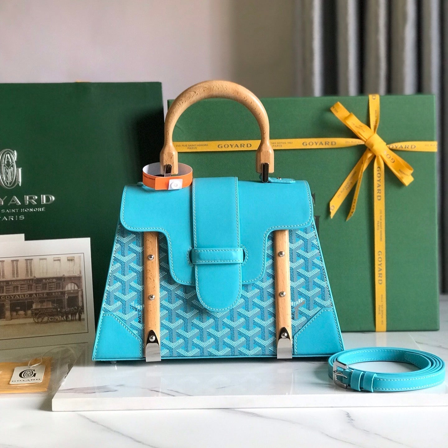 BOLSO SA?GON PM 28 EN LONA GOYARDINE AZUL CLARO Y PIEL DE BECERRO