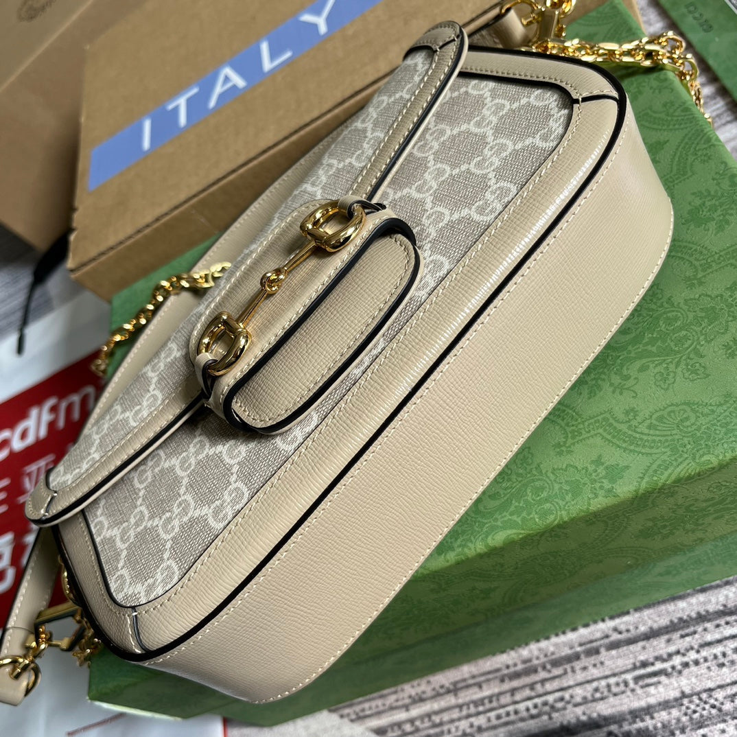 BOLSO GG HORSEBIT 1955 24 EN LONA BLANCA Y PIEL DE BECERRO BEIGE
