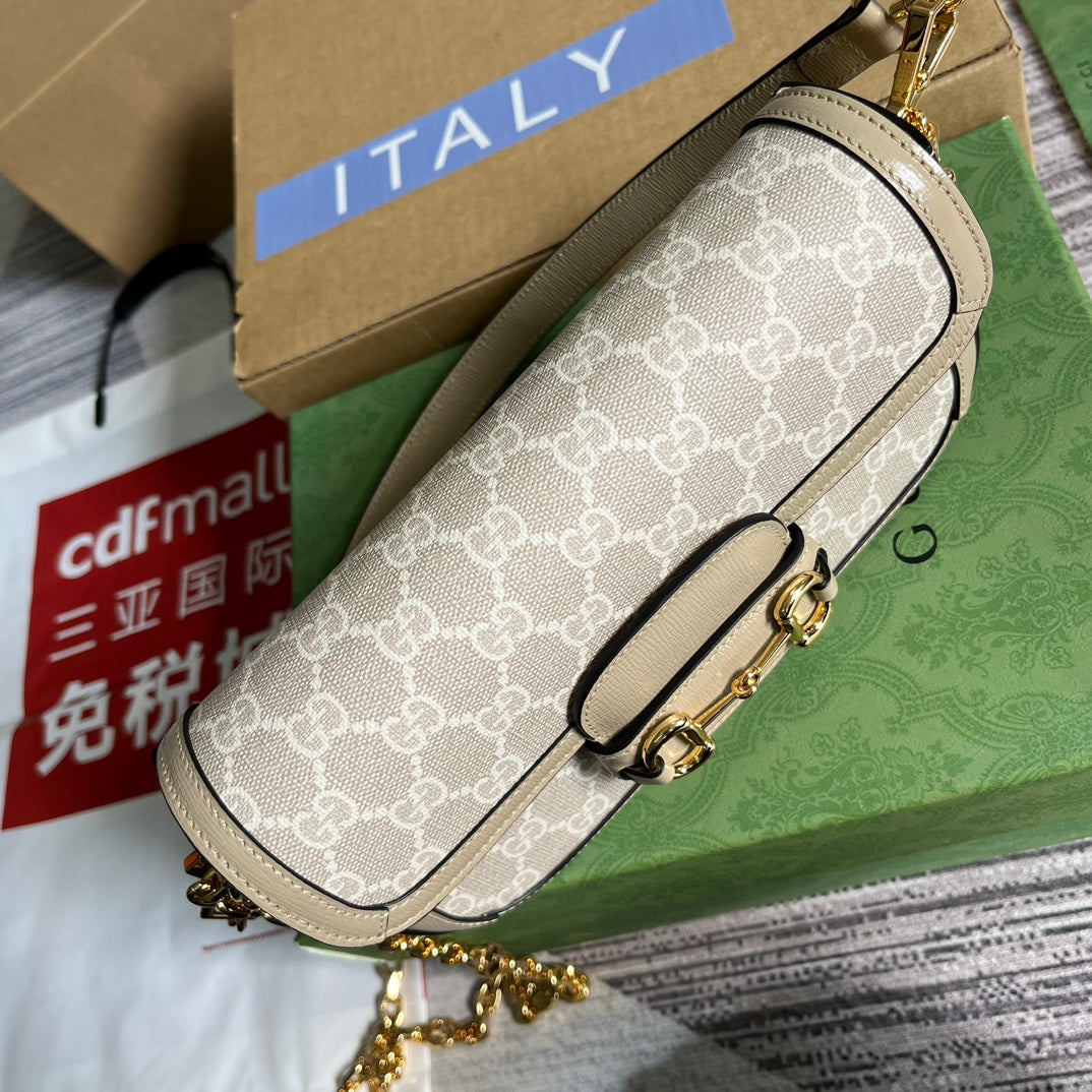 BOLSO GG HORSEBIT 1955 24 EN LONA BLANCA Y PIEL DE BECERRO BEIGE