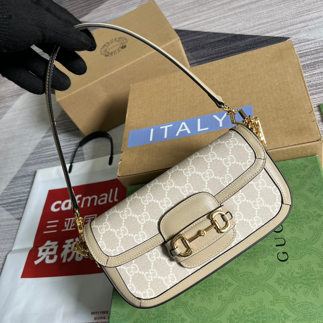 BOLSO GG HORSEBIT 1955 24 EN LONA BLANCA Y PIEL DE BECERRO BEIGE