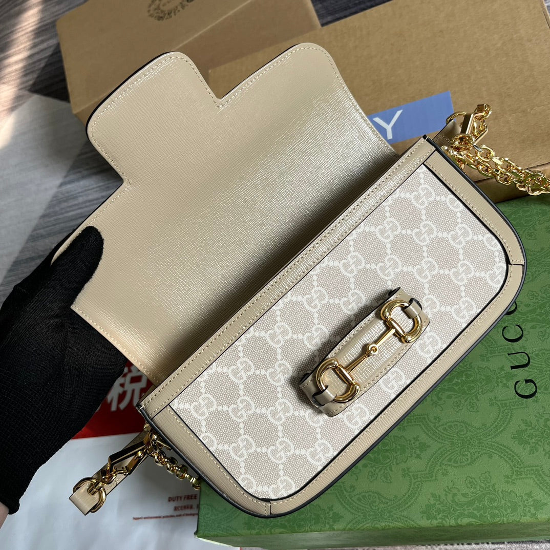 BOLSO GG HORSEBIT 1955 24 EN LONA BLANCA Y PIEL DE BECERRO BEIGE