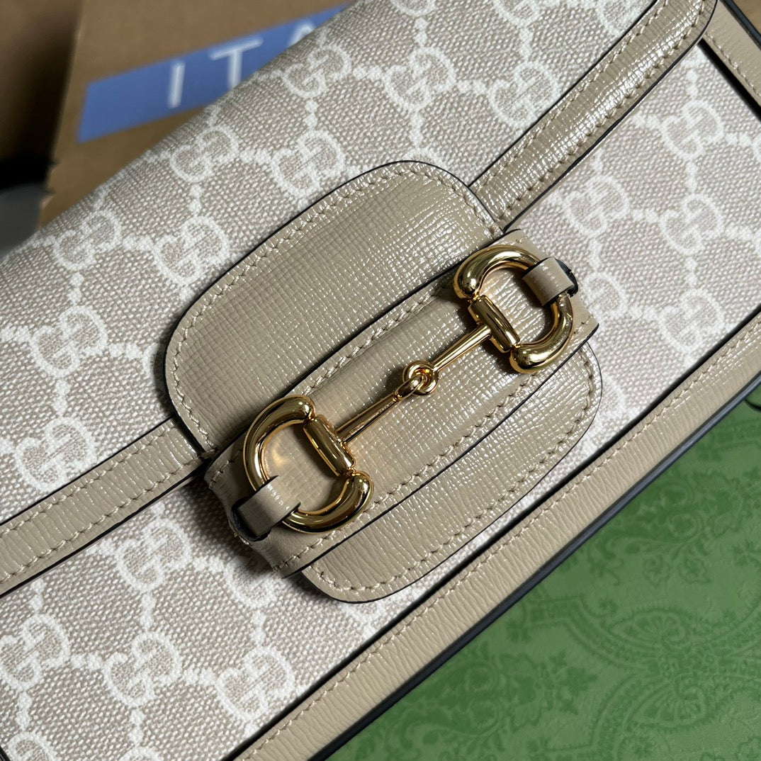 BOLSO GG HORSEBIT 1955 24 EN LONA BLANCA Y PIEL DE BECERRO BEIGE