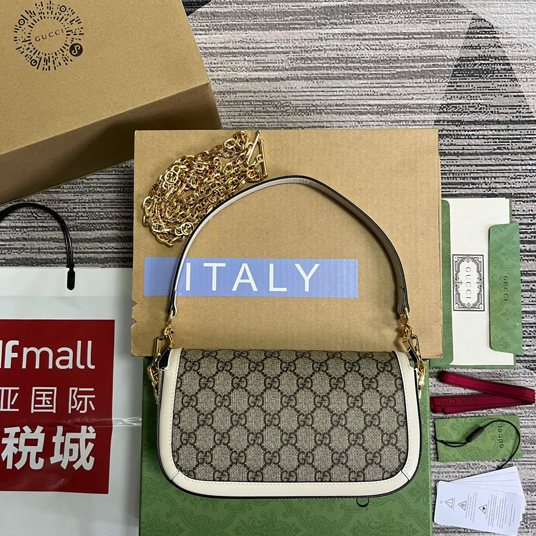 BOLSO GG HORSEBIT 1955 24 EN LONA BEIGE Y PIEL DE BECERRO BLANCA