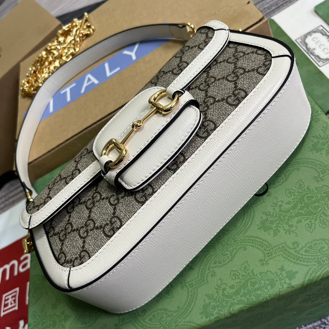 BOLSO GG HORSEBIT 1955 24 EN LONA BEIGE Y PIEL DE BECERRO BLANCA
