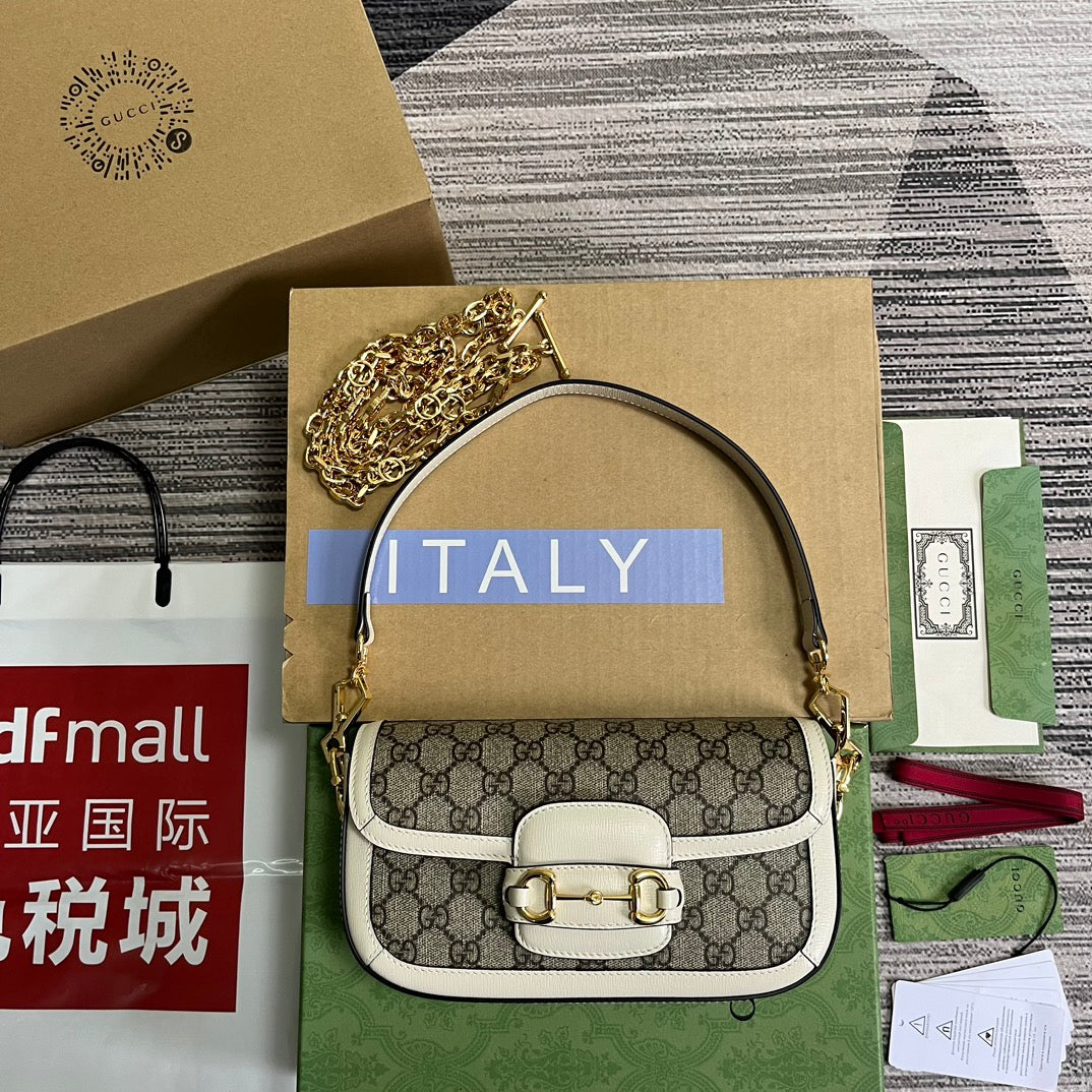 BOLSO GG HORSEBIT 1955 24 EN LONA BEIGE Y PIEL DE BECERRO BLANCA